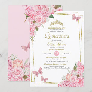 Blush Pink Gold Tiara Floral Butterfly Quinceanera Invitation