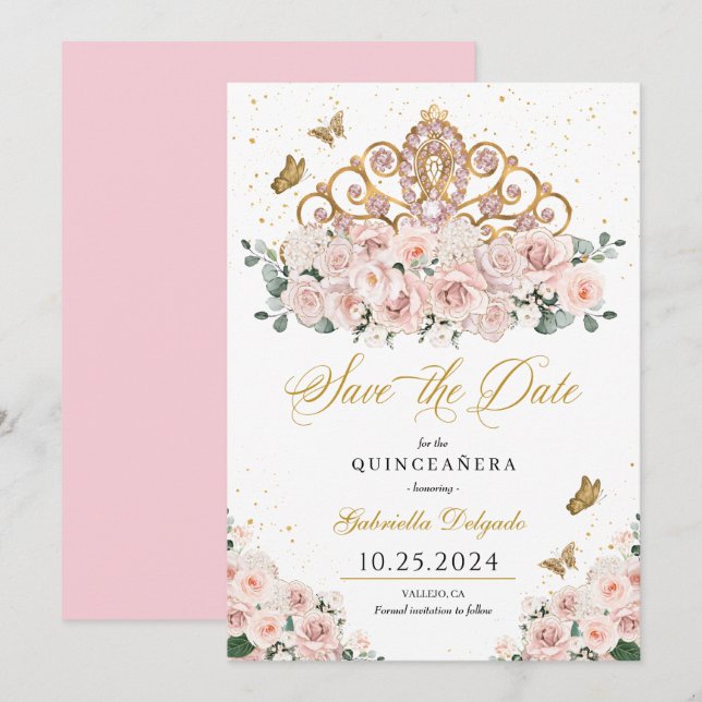Blush Pink & Gold Tiara Save The Date Quinceañera Invitation (Front/Back)