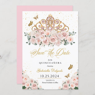 Blush Pink & Gold Tiara Save The Date Quinceañera Invitation