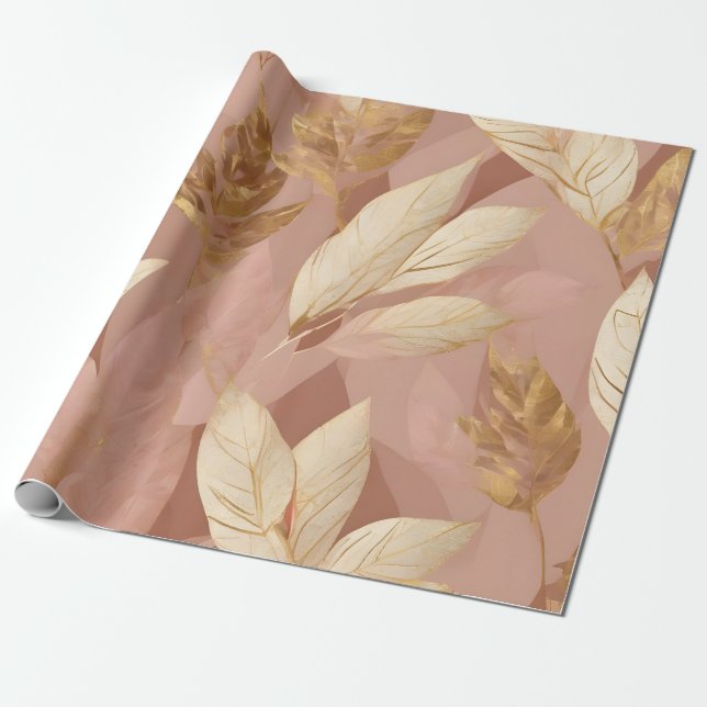 Blush Pink Gold Trendy Boho Leaves Collection Wrapping Paper (Unrolled)