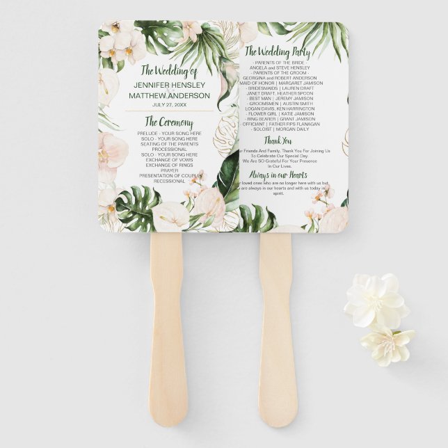 Blush Pink Gold Tropical Greenery Wedding Ceremony Hand Fan (Front and Back)