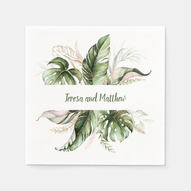 Blush Pink, Gold Tropical Greenery Wedding Napkin (Front)