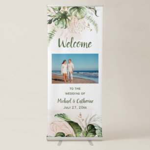 Blush Pink, Gold Tropical Greenery Wedding Retractable Banner