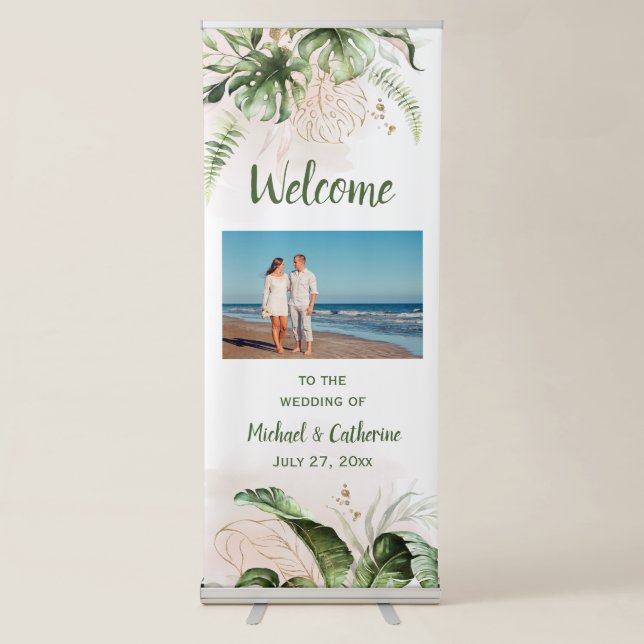 Blush Pink, Gold Tropical Greenery Wedding Retractable Banner (Front)