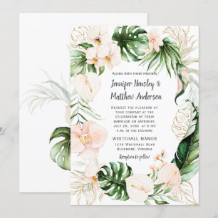 Blush Pink Gold Tropical Greenery Wreath Wedding Invitation