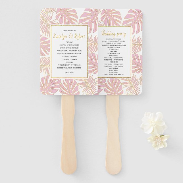 Blush pink, gold tropical leaves wedding program hand fan (Front and Back)