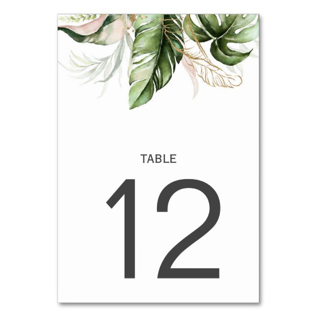 Blush Pink, Gold, Tropical Monstera Leaves Wedding Table Number (Front)