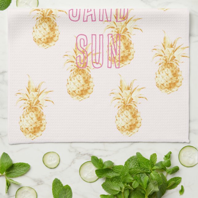 Blush Pink Gold Tropical Pineapples Tea Towel (Folded)