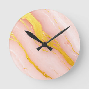 Blush Pink Gold Veined Marble Round Clock