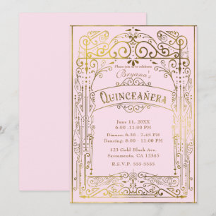 Blush Pink Gold Vintage Victorian Deco Quinceañera Invitation