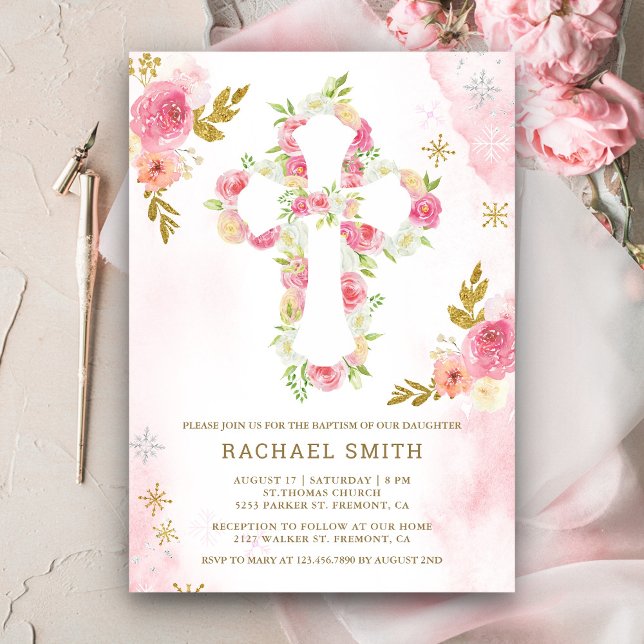 Blush Pink Gold Watercolor Floral Baptism Invitation (Creator Uploaded)