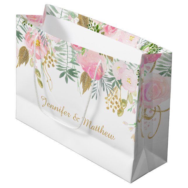 Blush Pink Gold Watercolor Flowers LARGE Gift Bags (Front Angled)