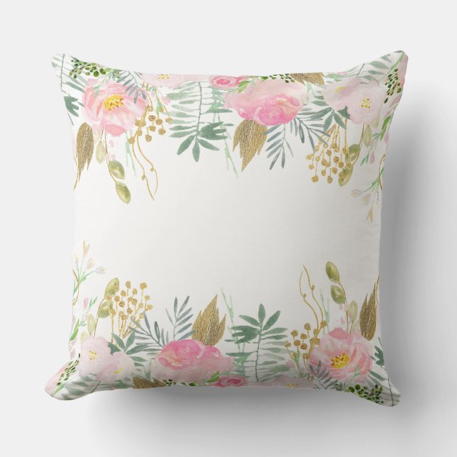 Blush Pink Gold Watercolor Flowers Throw Pillow (Front)