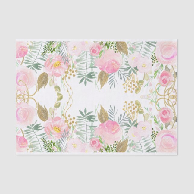 Blush Pink Gold Watercolor Flowers Tissue Paper (Front)