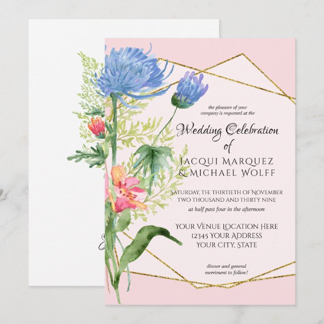 Blush Pink Gold Watercolor Modern Floral Wedding Invitation (Front/Back)