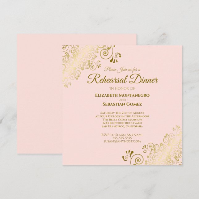 Blush Pink & Gold Wedding Rehearsal Dinner Square Invitation (Front/Back)