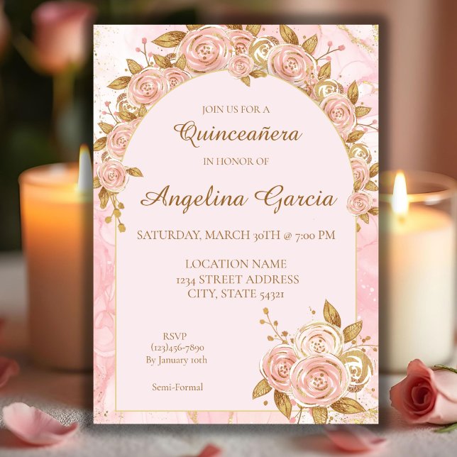Blush Pink Gold Whimsical Quinceanera Invitation (Creator Uploaded)