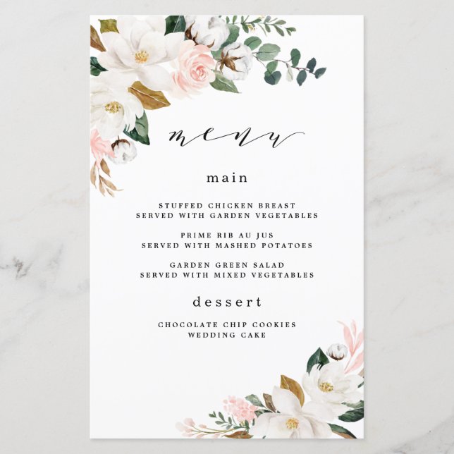Blush Pink Gold White Floral Wedding Menu Cards (Front)