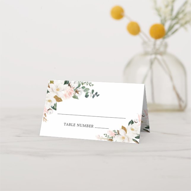 Blush Pink Gold White Floral Wedding Place Cards (Front)