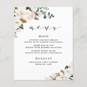 Blush Pink Gold White Magnolia Floral Wedding Menu