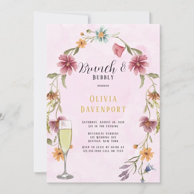 Blush Pink Gold Wildflowers Brunch & Bubbly Invitation (Front)