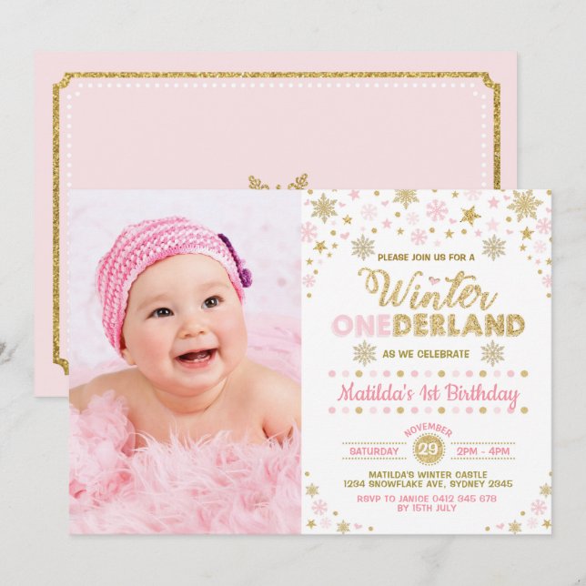 Blush Pink Gold Winter ONEderland 1st Birthday Invitation (Front/Back)