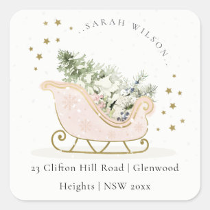Blush Pink Gold Winter Sleigh Christmas Address Square Sticker