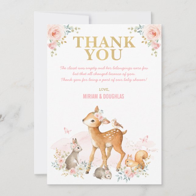 Blush Pink Gold Woodland Animals Forest Baby Girl Thank You Card (Front)