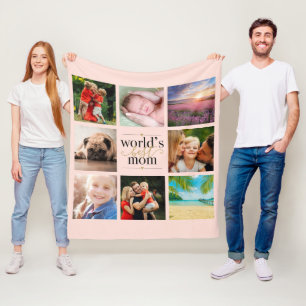 Blush Pink Gold Worlds Best Mum 8 Photo Collage Fleece Blanket