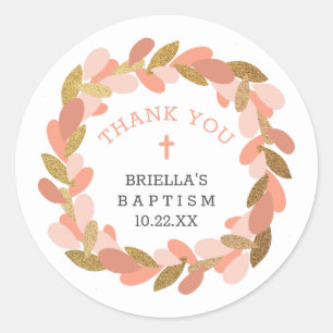 Blush pink gold wreath baptism thank you classic round sticker