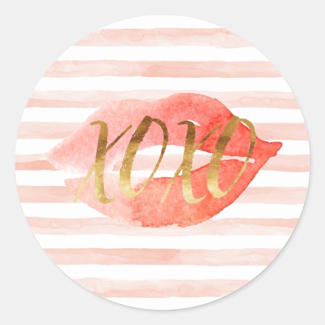 Blush Pink Gold XOXO Watercolor Kiss Classic Round Sticker (Front)
