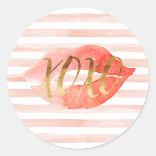 Blush Pink Gold XOXO Watercolor Kiss Classic Round Sticker