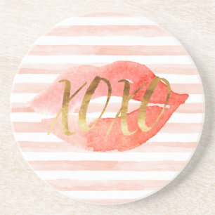 Blush-Pink Gold XOXO Watercolor Kiss Coaster