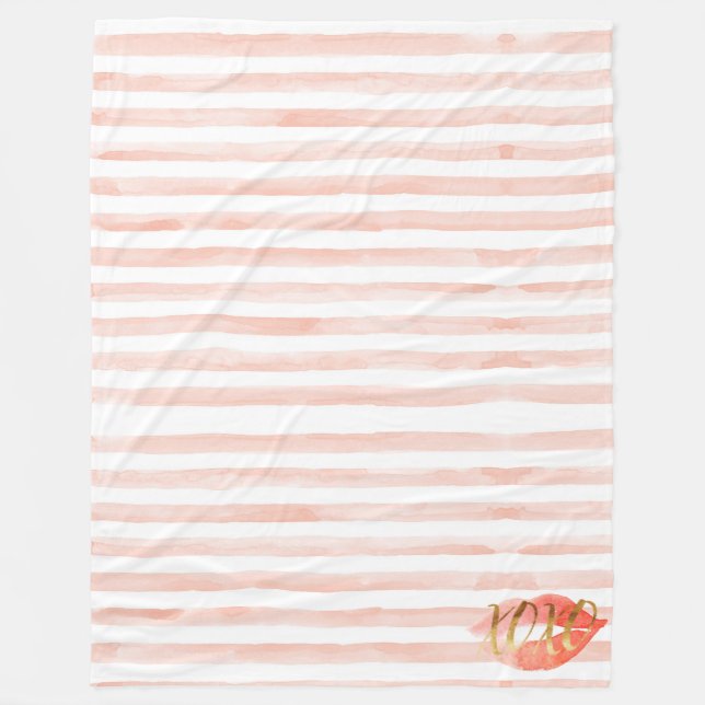 Blush-Pink Gold XOXO Watercolor Kiss Fleece Blanket (Front)