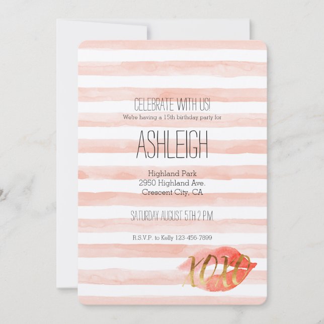 Blush Pink Gold XOXO Watercolor Kiss Invitation (Front)