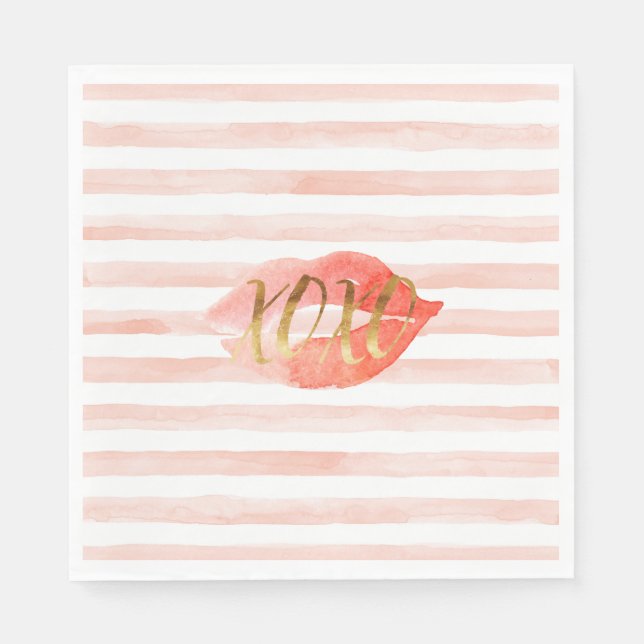 Blush Pink Gold XOXO Watercolor Kiss Napkin (Front)