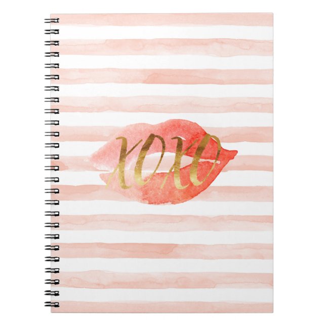Blush Pink Gold XOXO Watercolor Kiss Notebook (Front)