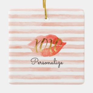 Blush Pink Gold XOXO Watercolor Kiss Personalised Ceramic Tree Decoration
