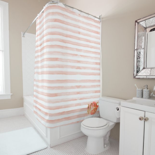 Blush Pink Gold XOXO Watercolor Kiss Shower Curtain (In Situ)
