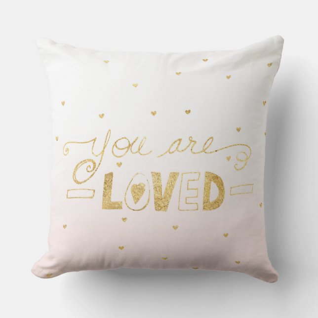 Blush Pink Gold You are Loved Hearts Ombre Cushion (Front)