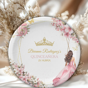 Blush Pink Golden Floral Butterflies Quinceañera Paper Plate