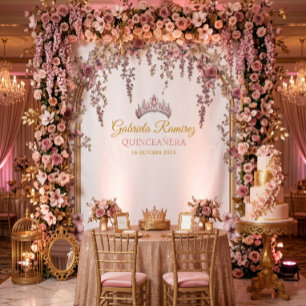Blush Pink Golden Floral Quinceañera Backdrop Tapestry