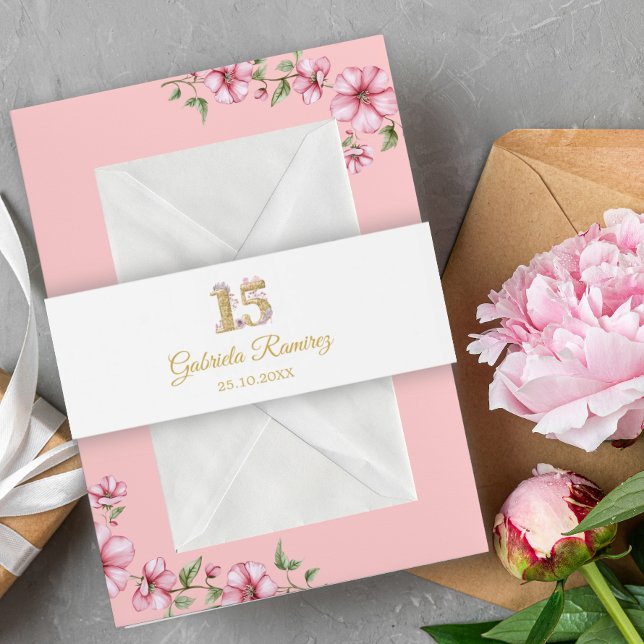 Blush Pink Golden Mis Quince Quinceañera Invitation Belly Band (Creator Uploaded)