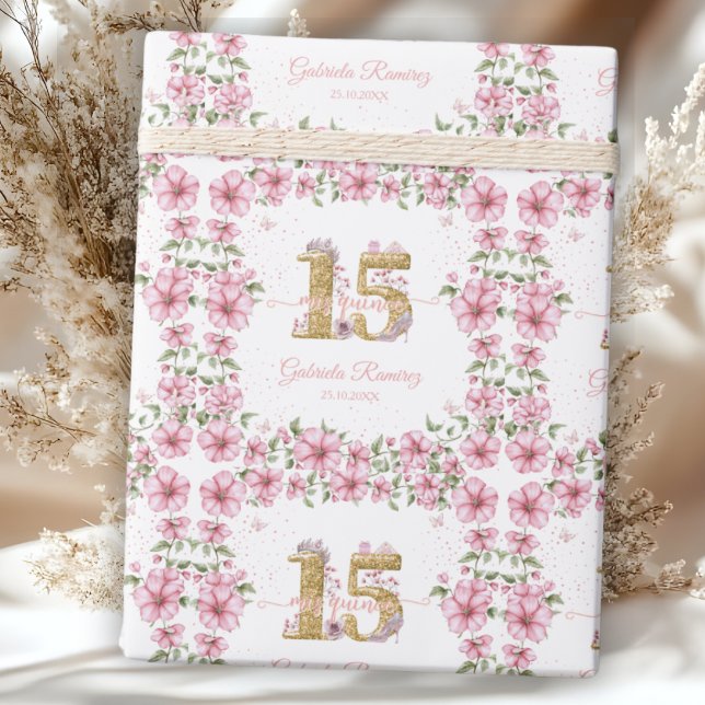 Blush Pink Golden Mis Quince Quinceañera  Wrapping Paper (Creator Uploaded)