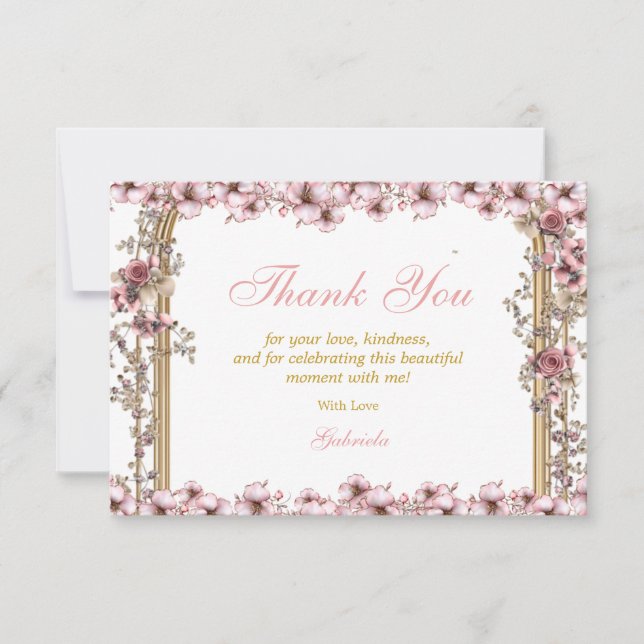 Blush Pink Golden Tiara Floral Quinceañera Thank You Card (Front)