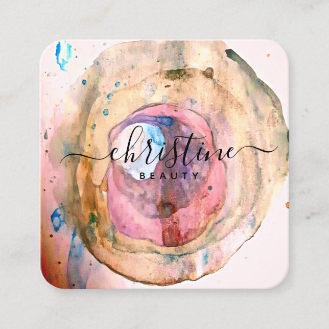 Blush Pink Golden Watercolor Geode Script Square Business Card (Front)