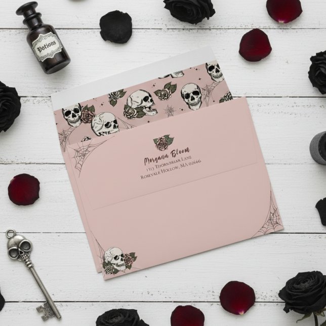 Blush Pink Gothic Skulls and Roses Halloween Envelope (Gothic Floral Skull Envelopes for Her. Elegant Dark Pink Hallowedding Vintage Skulls Roses for Bride)