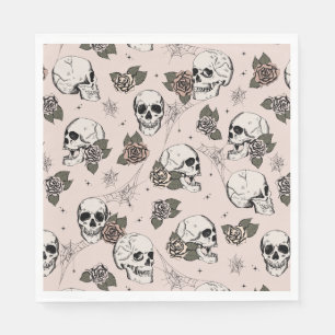 Blush Pink Gothic Skulls and Roses Halloween Napkin
