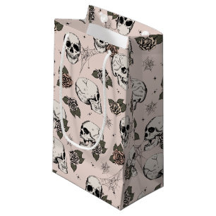 Blush Pink Gothic Skulls and Roses Halloween Small Gift Bag