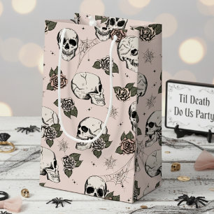 Blush Pink Gothic Skulls and Roses Halloween Small Gift Bag